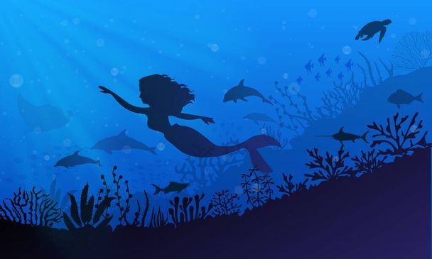 silhouette of mermaid with dolphin and reef. Mermaid underwater landscape background with. - ベクター画像