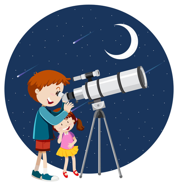 Chłopiec patrzący przez teleskop w nocy ilustracja - Wektor, obraz