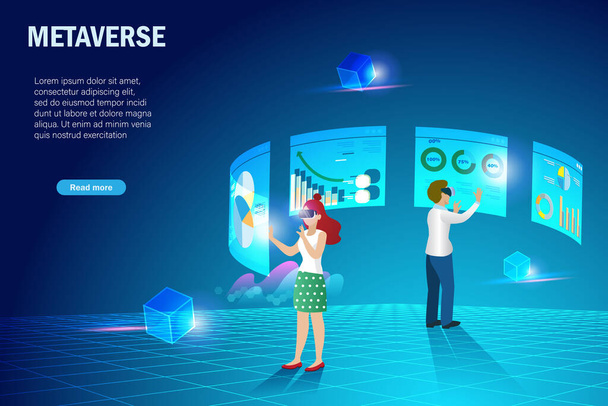 Metaverse virtual reality for analysing business and financial data visualisation. Businessman and woman use AI analyze 3D graph chart on metaverse interface technology to develop better solution. - Вектор,изображение
