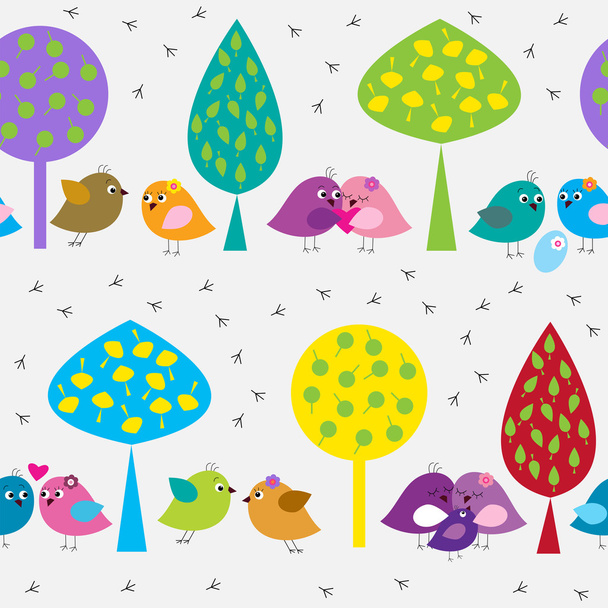 Seamless pattern with cute birds in the forest - Vector, imagen