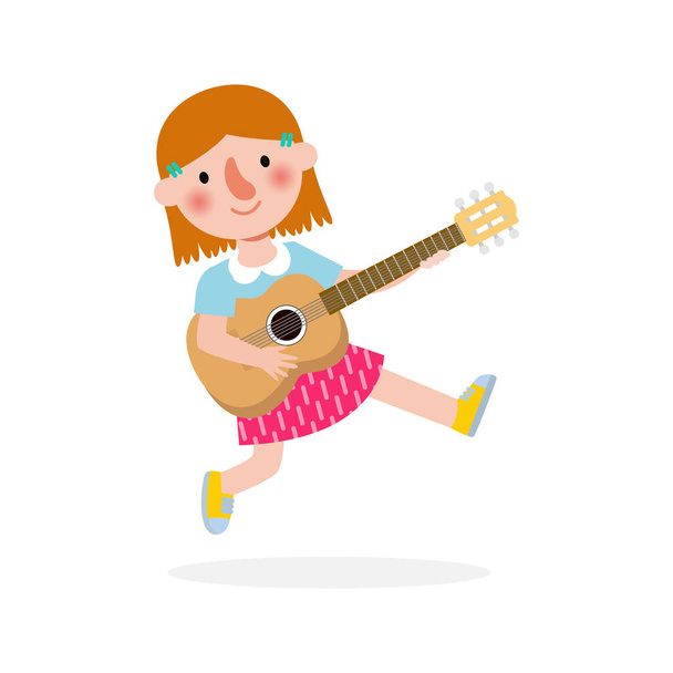 Gitar çalan sevimli çocuk, gitar çalan mutlu çocuklar. Müzikal performans. Beyaz arka planda izole edilmiş vektör illüstrasyonu. Çizgi film düz stiliyle - Vektör, Görsel