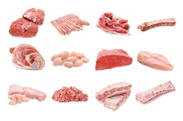 Σύνολο διαφορετικών ακατέργαστων κρεάτων που απομονώνονται σε λευκό κρέας  - Φωτογραφία, εικόνα