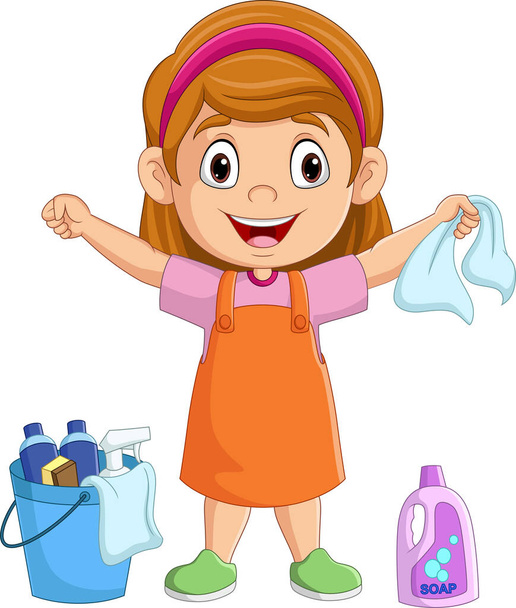 Illustrazione vettoriale della bambina dei cartoni animati con secchio e strumenti di pulizia - Vettoriali, immagini
