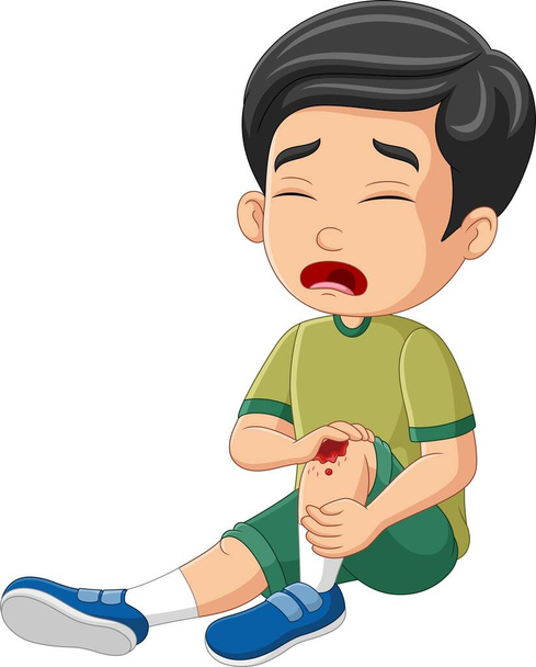Vector illustration of Cartoon little boy crying with scraped knee - Vector, Image