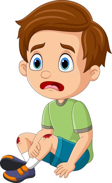 Векторная иллюстрация плачущего маленького мальчика с царапанным коленом
 - Вектор,изображение