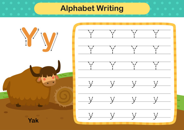 Alfabeto letra Y - Exercício de iaque com ilustração de vocabulário de desenhos animados, vetor - Vetor, Imagem
