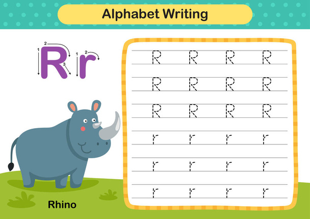 Abeceda písmeno R - cvičení nosorožce s kreslenou slovní zásobou ilustrace, vektor - Vektor, obrázek