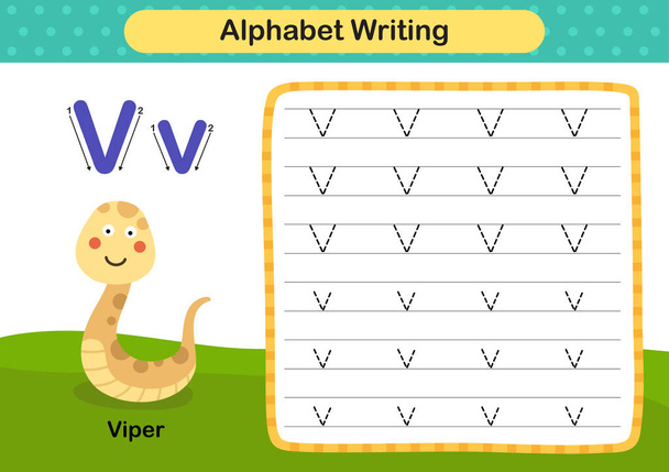 Alfabet Letter V - Viper oefening met cartoon woordenschat illustratie, vector - Vector, afbeelding