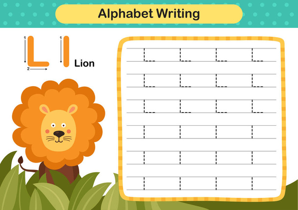 Alfabet Letter L - Leeuw oefening met cartoon woordenschat illustratie, vector - Vector, afbeelding