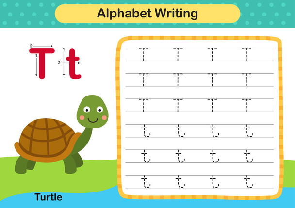 Alfabeto Carta T- Exercício de tartaruga com ilustração de vocabulário de desenho animado, vetor - Vetor, Imagem