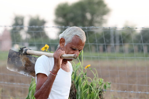 Detailní záběr indického staršího farmáře, který stojí na poli v Indii - Fotografie, Obrázek