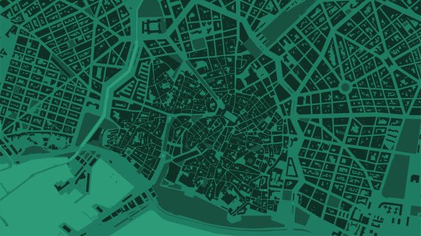 Verde oscuro Palma de Mallorca Área de la ciudad vector mapa de fondo, calles y cartografía del agua ilustración. proporción de pantalla ancha, plano digital diseño streetmap. - Vector, Imagen