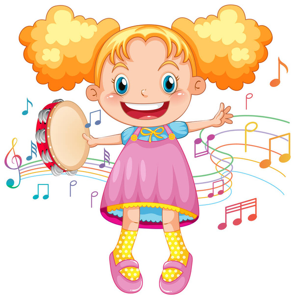 Chica feliz sosteniendo tamborino sobre fondo blanco ilustración - Vector, imagen