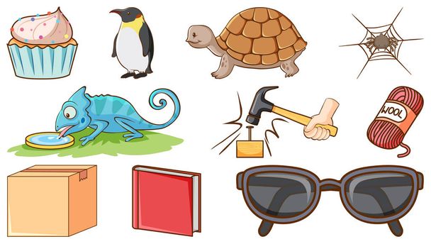 Conjunto de animais e outros objetos ilustração - Vetor, Imagem