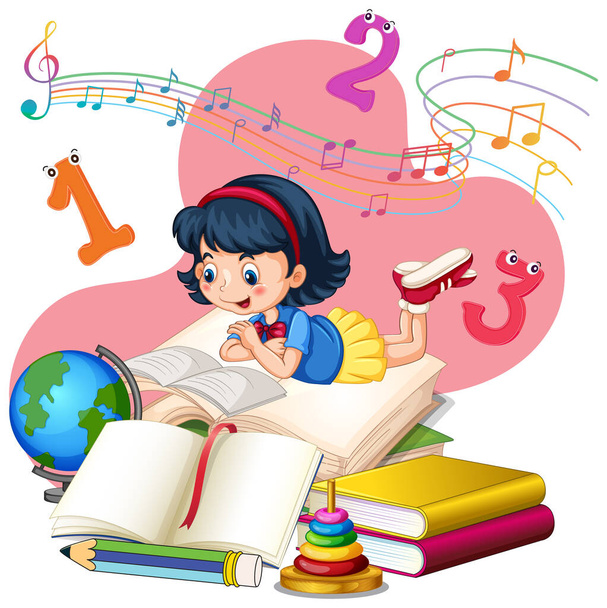 A girl reading books on a stack of books illustration - Vector, Image