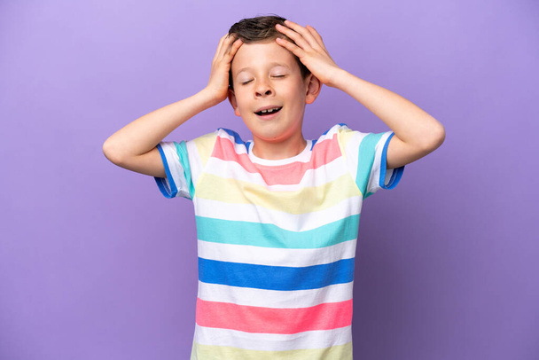 Little boy isolated on purple background laughing - Foto, Imagen