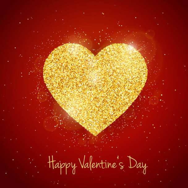 Vector Happy Valentines Day greeting card with sparkling glitter gold textured heart on red background. Seasonal holidays background with love symbol - Vettoriali, immagini