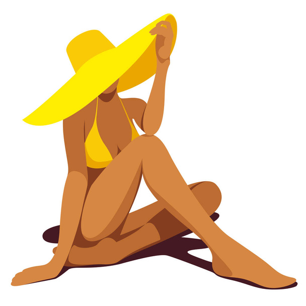 vector illustration on the theme of summer holidays. a tanned girl in a yellow bikini sits on her knees on the beach in a hat isolated on a white background. useful for advertising summer vacantion - Vector, Image