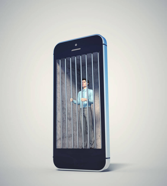 Человек в телефонной тюрьме. Телефонная зависимость и тревожная концепция. This is a 3d render illustration - Фото, изображение