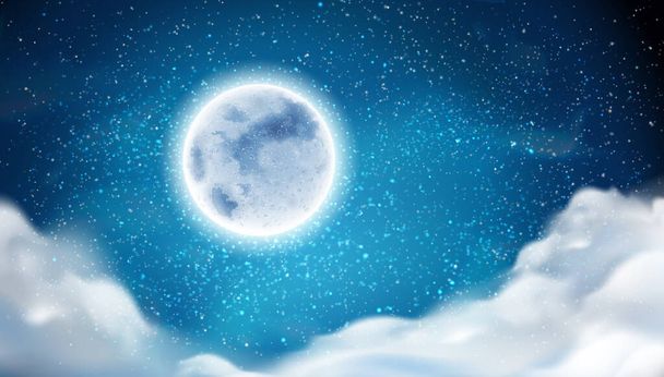 Luna piena su cielo stellato con sfondo nuvole - Vettoriali, immagini