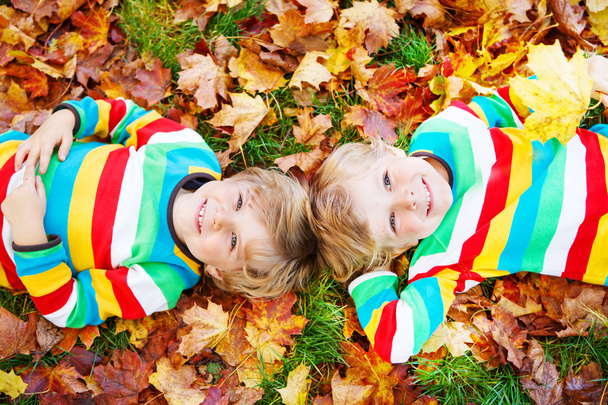 Два маленьких мальчика, лежащих в осенних листьях в разноцветной одежде
 - Фото, изображение