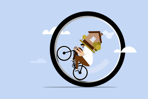 Εννοιολογική απεικόνιση ενός ανθρώπου που ποδηλατεί γύρω από έναν κύκλο με ένα σπίτι να στηρίζεται στον ώμο του - Διάνυσμα, εικόνα