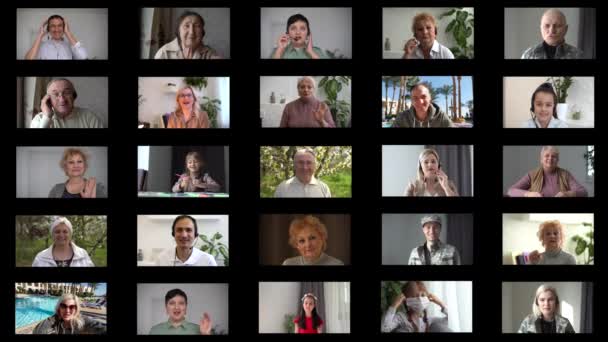 Πολλαπλές εικόνες μοντάζ των φίλων πολυεθνικών οικογενειών επικοινωνούν χρησιμοποιώντας τη σύγχρονη σε απευθείας σύνδεση συνομιλία βίντεο - Πλάνα, βίντεο