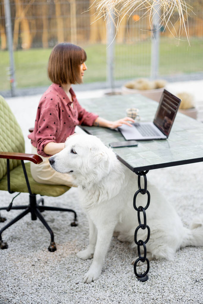 Woman cares her dog while working at outdoor office in cozy garden - Fotoğraf, Görsel