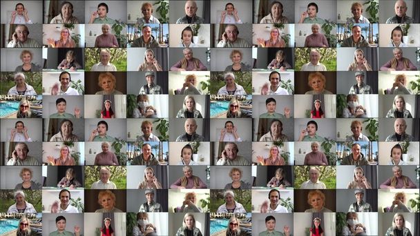 Video collage of 99 people, a variety of images in the form of a large video wall of the TV - Photo, Image