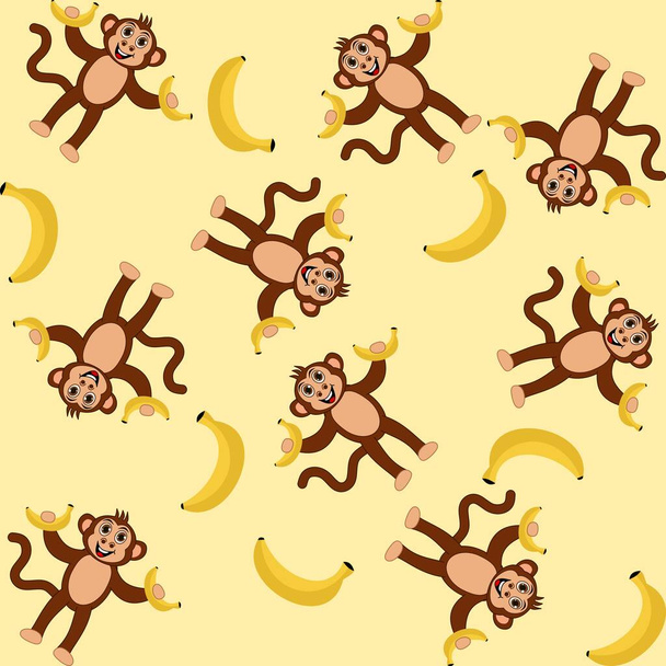 Διακοσμητικό μοτίβο με χαμογελαστές μαϊμούδες κρατώντας μπανάνες σε κίτρινο φόντο - Διάνυσμα, εικόνα