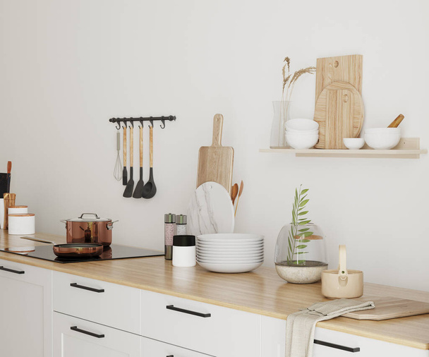 Εσωτερικό φως μοντέρνα κουζίνα με ξύλινο πάγκο και ράφια με μαγειρικά σκεύη, 3d καθιστούν - Φωτογραφία, εικόνα
