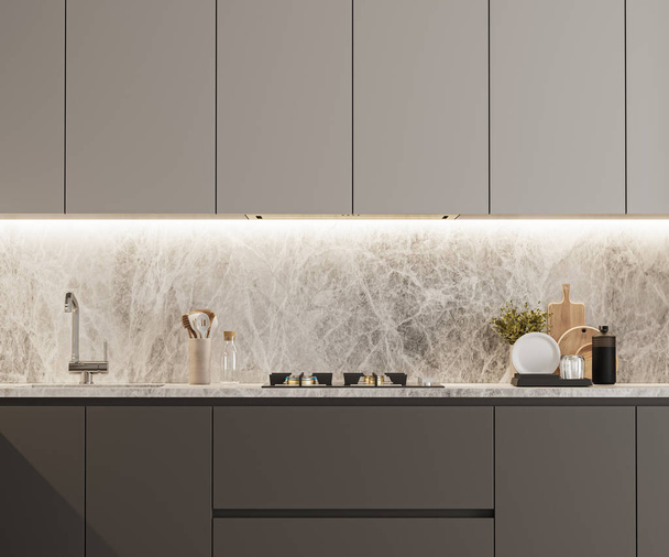 keukenkasten in grijze kleur, modern keukeninterieur, 3d render - Foto, afbeelding