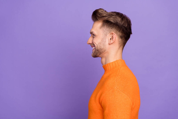 Profile side photo of handsome metrosexual male visit barber neat hairstyle isolated on violet color background - Φωτογραφία, εικόνα