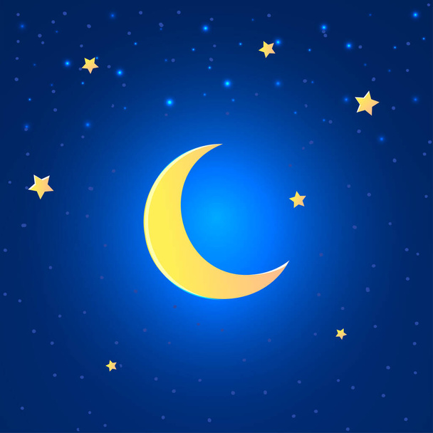 Parlak hilal ay ve mavi gökyüzündeki yıldızlar. Hilal ay vektörü çizicisiyle yıldızlı gece arkaplanı. - Vektör, Görsel