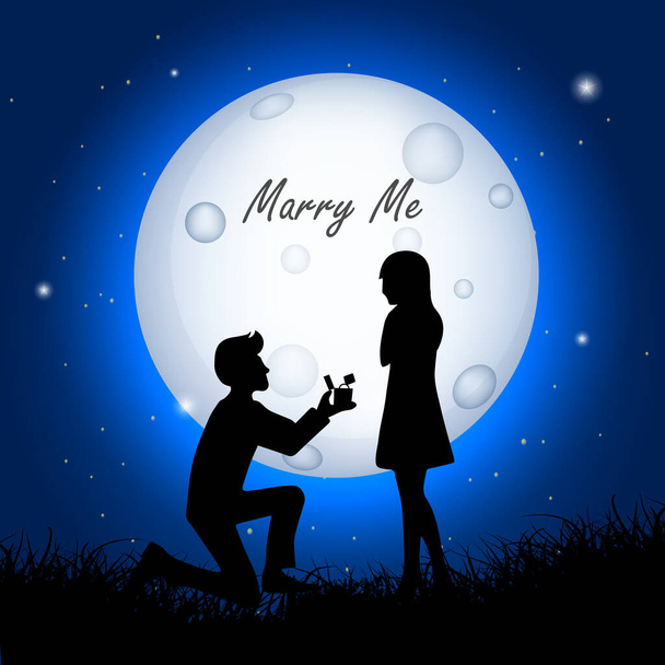 Marry me design isolated in starry night background. man proposes woman for marriage with moon background. Moon night background with silhouette of couple. - Vector, afbeelding