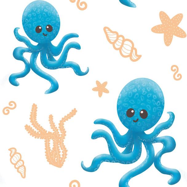 Бесшовный рисунок с осьминогом и ракушками. Графическая иллюстрация. Шаблон с симпатичным осьминогом с улыбкой. Детский дизайн одежды, ноутбуков. Морская звезда и водоросли - Фото, изображение