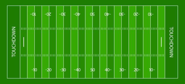 American football field. Green grass with white lines for american football. Background with gridiron, sideline, endzone and touchdown. Stadium for superbowl. Vector. - Вектор,изображение
