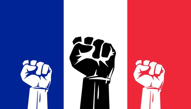Mielenosoitus Ranskassa. Ralli Ranskassa. Ranskaan. lippu ja siluetit nyrkillä - Valokuva, kuva