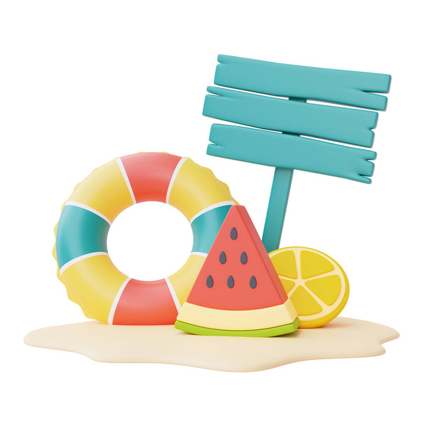 anillo inflable colorido, frutas y aislamiento de la señal en el fondo blanco, elementos de la playa del verano, representación 3d. - Foto, Imagen