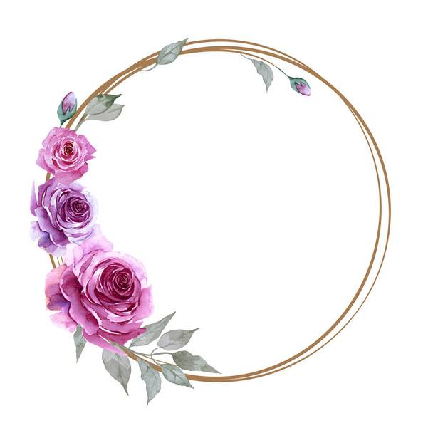 Round frame with purple and lilac roses. Floral wreath with delicate flowers and green leaves isolated on white background. Hand drawn watercolor illustration. Copy space. - Φωτογραφία, εικόνα