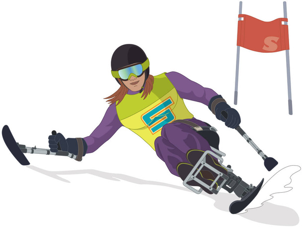para urheilu paralympialaiset alppihiihto, fyysisesti vammainen nainen hiihtäjä istuu erikoistunut mono-ski alamäkeen lumella lippu eristetty valkoisella pohjalla - Vektori, kuva
