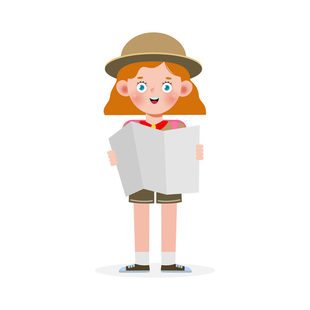 Šťastný roztomilý malý kluk nosit chlapec skaut čest uniforma, děti dívka skautka kreslený plochý charakter izolované vektorové ilustrace na bílém pozadí - Vektor, obrázek