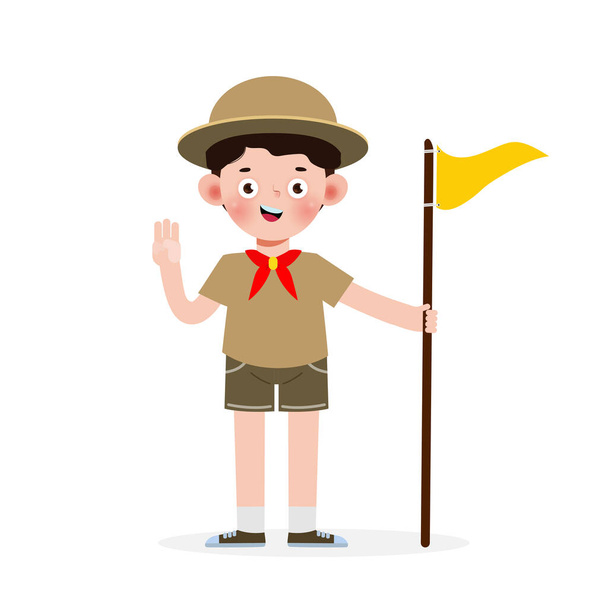 Happy cute little kid nosić chłopiec harcerz honor mundur, dzieci dziewczyna scout kreskówka płaski charakter izolowany wektor ilustracja na białym tle - Wektor, obraz