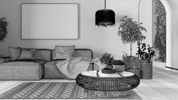 Nedokončený návrh projektu, skandinávský dřevěný obývací pokoj s parketami a koberci, rámová maketa, pohovka s polštáři, kulatý ratanový stůl, květináče, polštáře. Moderní design interiéru - Fotografie, Obrázek