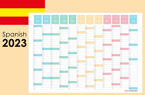 Planner calendar for 2023. Wall organizer, yearly planner template. Vector illustration. Vertical months. One page. Set of 12 months. Spanish language. - Vector, Image