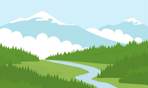 A természet nyári tájképe. Panoráma zöld tűlevelű erdőkkel, mezőkkel, hegyekkel és kék égbolttal, felhőkkel. Vidéki festő. Lapos vektor illusztráció - Vektor, kép