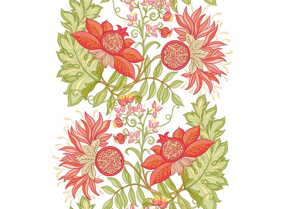 Decorative pomegranate fruits and flowers in art nouveau style, - Vecteur, image