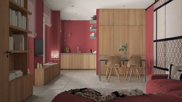 Salon minimaliste moderne et cuisine dans les tons rouges, carreaux de béton, canapé, table à manger, chaises, étagère et armoires en bois, porte coulissante en tissu, architecture design d'intérieur - Photo, image