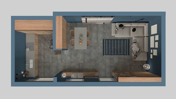 Moderna sala de estar minimalista y cocina en tonos azules, azulejos de hormigón, sofá, mesa de comedor, con sillas, estantería y armarios, diseño de interiores de arquitectura. Vista superior, plano, arriba - Foto, Imagen