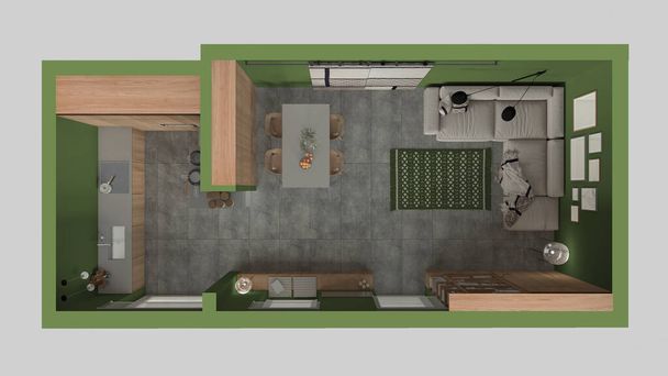 Moderna sala de estar minimalista y cocina en tonos verdes, azulejos de hormigón, sofá, mesa de comedor, con sillas, estantería y armarios, diseño de interiores de arquitectura. Vista superior, plano, arriba - Foto, Imagen